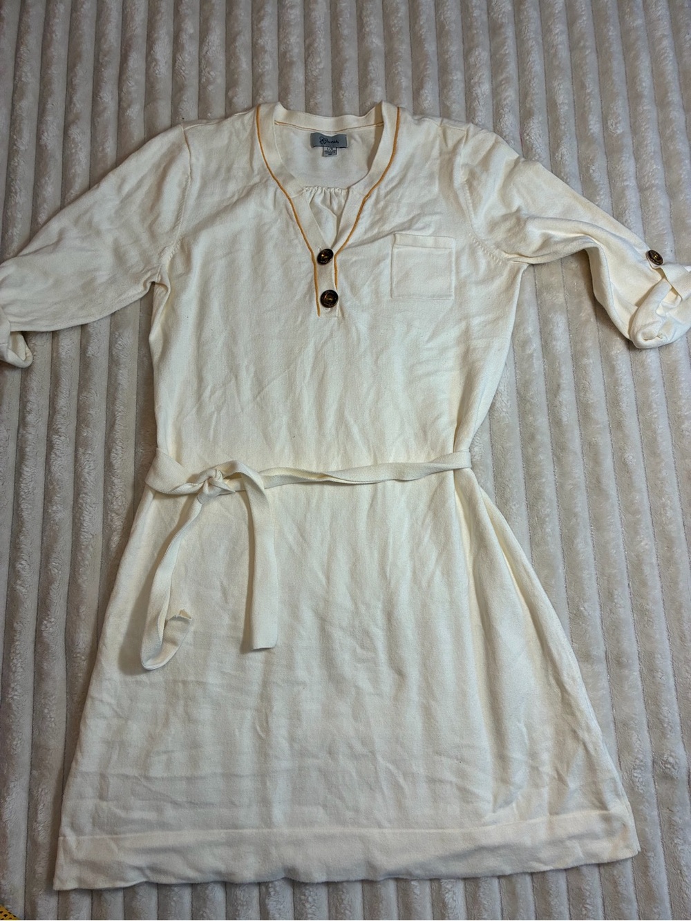 GUESS Cream Sweater Dress Belted Gold Buttons Mustard Trim 3/4 Sleeve
